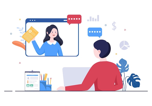 Online-Service oder Plattform für Bewerbungsgespräche, Kandidat und HR-Manager. Geschäftsmann oder Frau am Tisch, Vektor-Illustration für Gespräch, Karriere, Human Resources-Konzept
