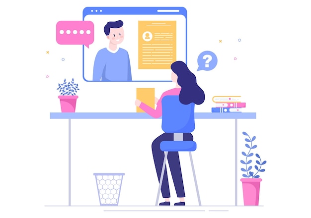 Online-Service oder Plattform für Bewerbungsgespräche, Kandidat und HR-Manager. Geschäftsmann oder Frau am Tisch, Vektor-Illustration für Gespräch, Karriere, Human Resources-Konzept