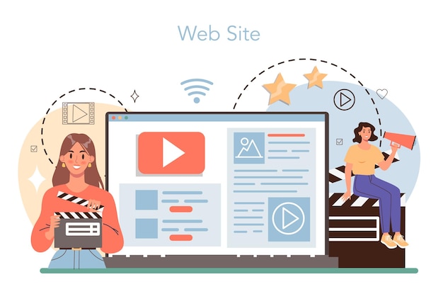 Online-Service oder Plattform für Filmregisseure Filmregisseur, der einen Drehprozess leitet Ausrüstung für die Filmherstellung Website Flache Vektorillustration
