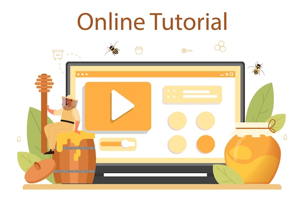 Online-Service oder Plattform für Hiver oder Imker. Professioneller Bauer mit Bienenstock und Honig. Land Bio-Produkt. Online-Tutorial. Vektorillustration