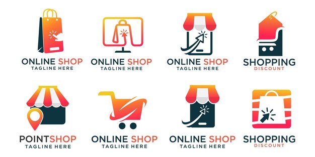 Online-shop-icon-set logo-designs kombination shopsshopping bagtrolley telefoncomputer und karte