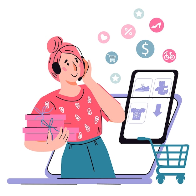 Vektor online-shop-kunden unterstützen und bestellen online-service flache cartoon-vektor-illustration isoliert auf weißem hintergrund internet-marketing und online-shopping