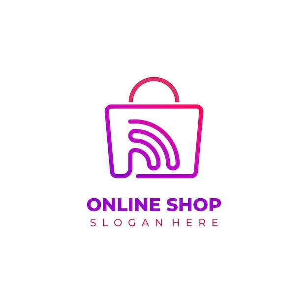 Vektor online-shop-logo einkaufstaschen-symbol kombiniert mit wi-fi-symbole