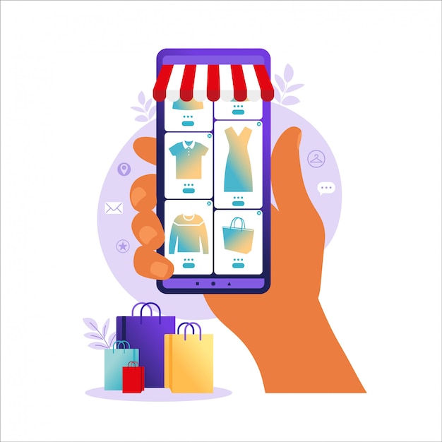 Online-Shopping auf dem Handy. Online-Shop-Zahlung. Bankkreditkarten, sichere Online-Zahlungen und Finanzrechnung. Smartphone-Geldbörsen, digitale Bezahlungstechnologie. Flache Vektorillustration.
