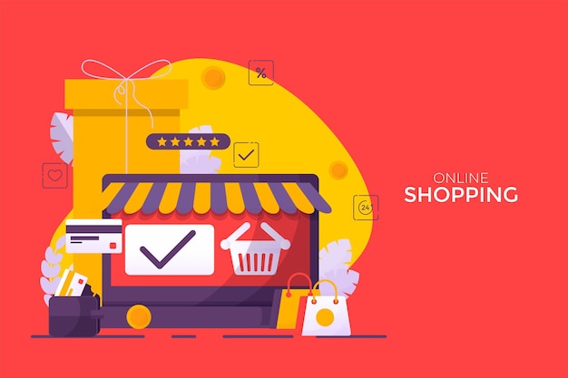 Online-Shopping auf Mobile Application Vector Concept mit Einkaufstasche und Geschenkbox, blauem Himmelshintergrund und weißem Smartphone-Vitrinen-Display-Symbol in den Regalen Illustration des digitalen Marketings