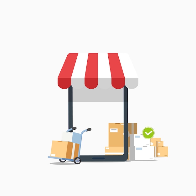 Online-shopping auf mobile application vector concept mit karton und trolley aus metall digitale marketing-illustration