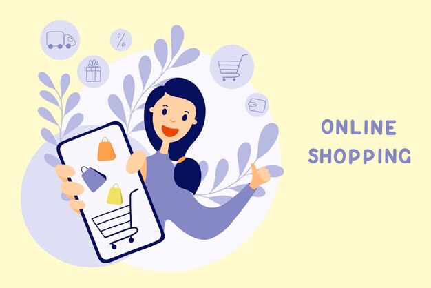 Online-Shopping-Banner-Vorlage. Konzept-Vektor-Illustration. Junge lächelnde Frau mit großem Telefon