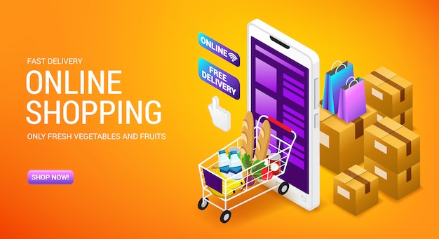 Online-Shopping, Bestelldienst, Internet-Shop-Landingpage mit Isometrie-Pappkartons und Warenkorb, Illustration.