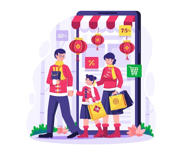 Online-shopping-illustration mit familie, die durch ein smartphone geht und waren und geschenke kauft