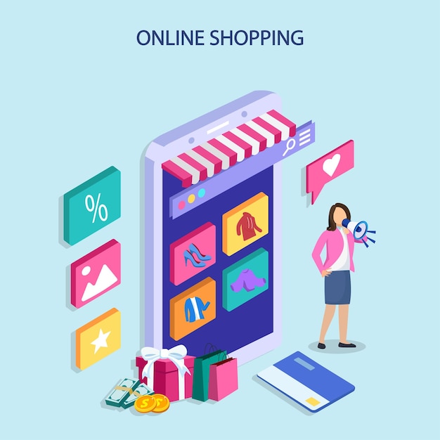 Online-shopping isometrisches konzept handy mit taschen einkaufen