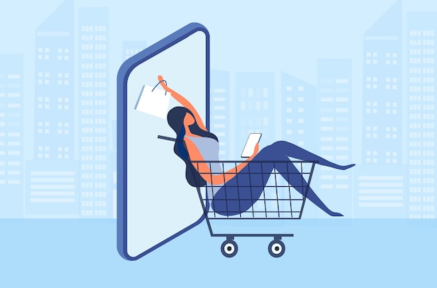 Vektor online-shopping-konzept frau mit mobiler bestellung einkaufsvektor-illustration