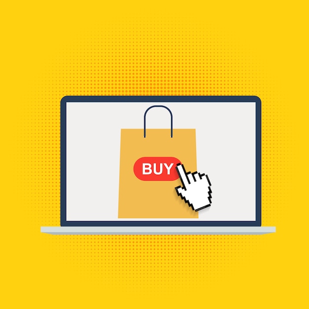 Online-Shopping-Konzept Hintergrund mit Markt auf Laptop-Bildschirm. Illustration