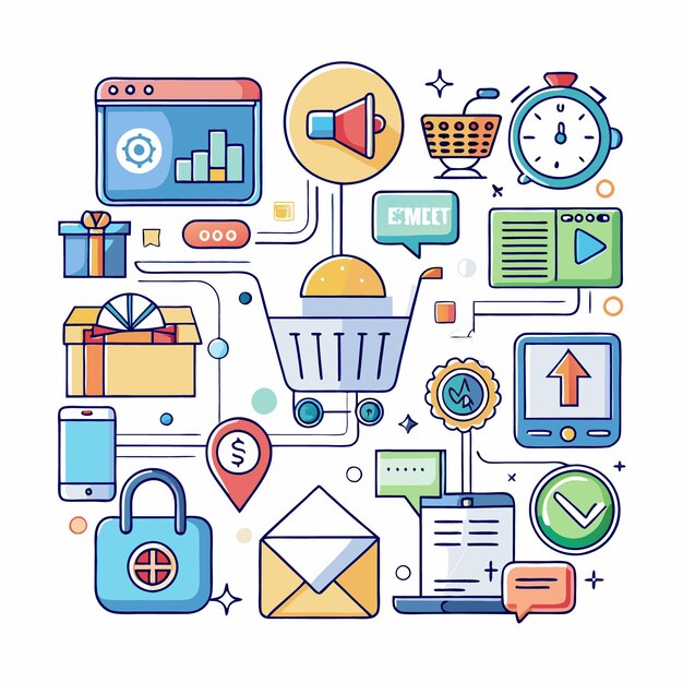 Online-Shopping-Konzept mit Einkaufswagen, Telefongeschenkbox und E-Mail