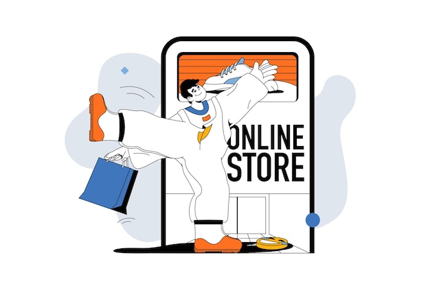 Vektor online-shopping-konzept mit menschenszene im flatline-design für das web. mann kauft im internetshop ein und bezahlt in einer mobilen app. vektorillustration für social-media-banner-marketingmaterial