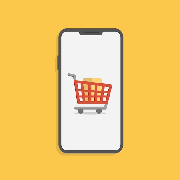 Online-Shopping-Konzept mit Smartphone und Einkaufswagen isoliert auf Gelb. Aktie