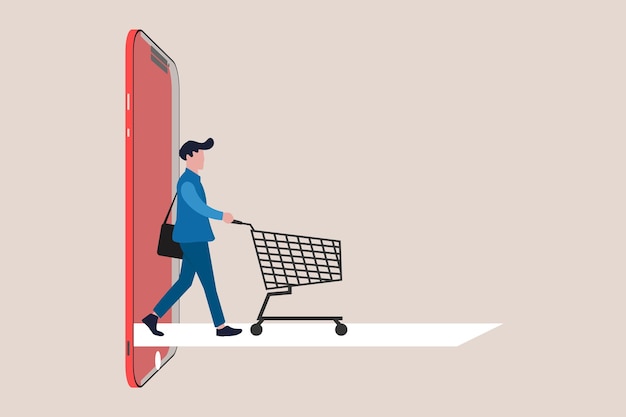Online-Shopping oder mobile Shopping-App-Konzept Geschäftsmann schiebt Einkaufswagen-Wagen-Website