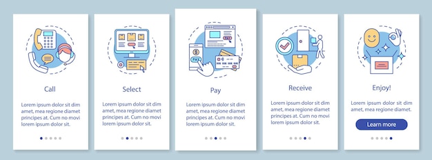 Online-shopping-onboarding für mobile app-seitenbildschirmvektorvorlage. anrufen, auswählen, bezahlen, empfangen, genießen. digitale kauf-website-schritte mit linearen illustrationen. ux, ui, gui smartphone-schnittstellenkonzept