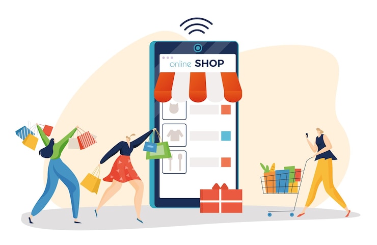 Vektor online-shopping-smartphone-anwendungs-gadget-technologie online-zahlung winziger charakter flache vektorillustration isoliert auf weiß