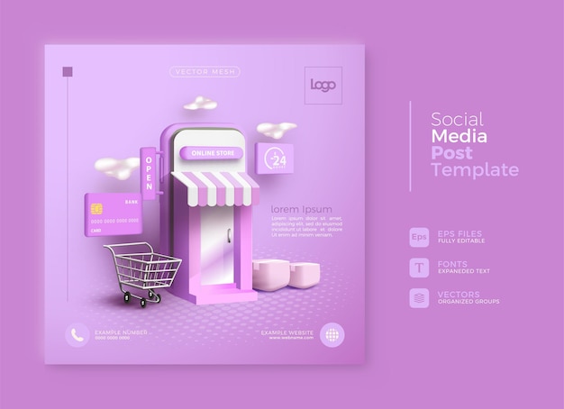 Online-shopping-social-media-beitragsvorlage mit smartphone-illustration und 3d-karte