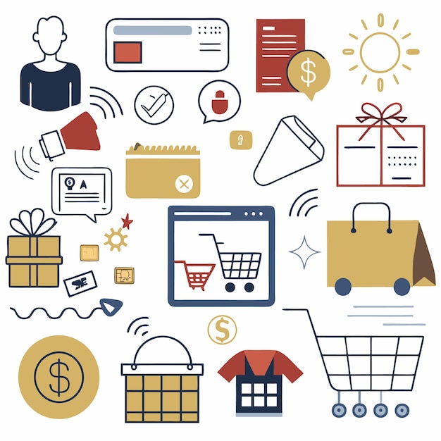 Online-Shopping-Symbolen mit Zahlungskörbchen und Geschenkkiste