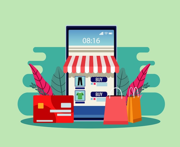 Online-shopping-technologie mit smartphone- und kreditkartenillustration