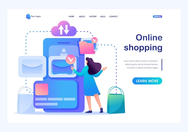 Online-shopping wählt das mädchen kleidung im netzwerk flacher 2d-charakter landing-page-konzepte und webdesign