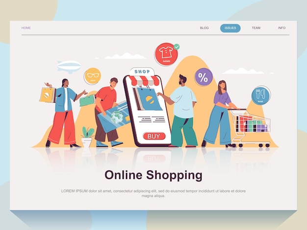 Online-Shopping-Webkonzept für Landingpage im flachen Design Mann und Frau, die Einkäufe tätigen, Lieferungen bestellen und mit Kreditkarten bezahlen Vektorillustration mit Menschenszene für die Homepage der Website