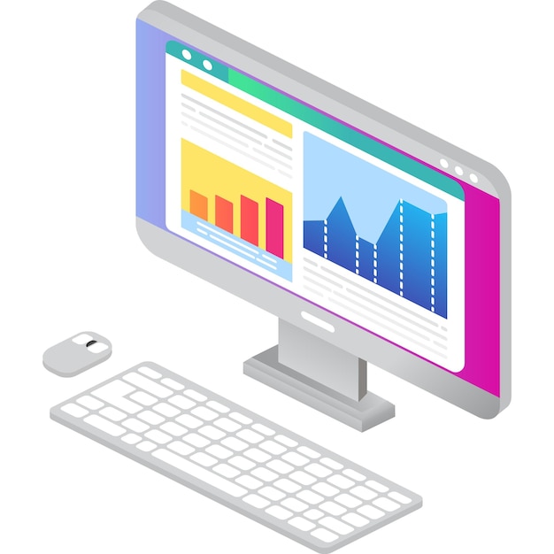 Online-Site-Statistiken Vektor 3d isometrischer Computer-Icon-Bildschirm mit offener Datenanalyse isoliert auf weißem Hintergrund