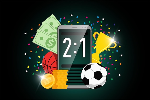 Online-sportwetten-banner-design für mobile apps mit statistik-anzeigetafel auf dem smartphone-bildschirm und fußball-basketball-ball, trophäen-pokal und gewinner-dollar-münzen. buchmacher-werbung