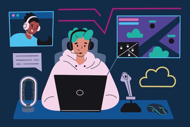 Online-Streaming-Spieler, die Videospiele mit Laptop-Headset-Mikrofon und Flachvektor-Illustration spielen