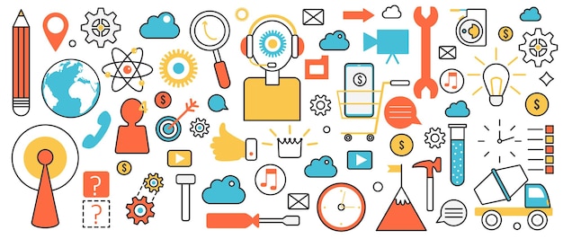Online-Support-Service für Kunden Abstrakter globaler Prozess der Call-Center-Arbeitshotline für Informations- und Kommunikationszeitmanagement im Infografik-Konzept Banner Thin Line Art Design
