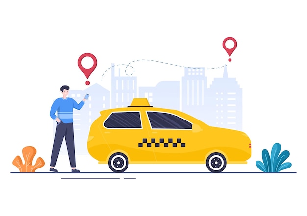 Online-Taxi-Buchung Reiseservice Flaches Design Illustration über mobile App auf Smartphone Bringen Sie jemanden zu einem Ziel, das für Hintergrund, Poster oder Banner geeignet ist