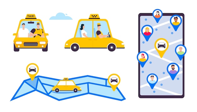 Online-taxi oder miettransport setzen isolierte objekte. fahrer und beifahrer im auto, vorder- und seitenansicht. smartphone-bildschirm mit karte und markierungen, navigation und route