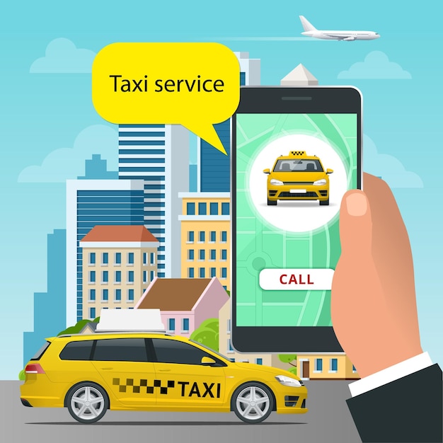 Vektor online-taxi-service-konzept. mann bestellt ein taxi von seinem handy. taxidienstanwendung auf dem bildschirm. vektor-visitenkartenvorlage. flache vektorillustration für geschäft, infographic, fahne