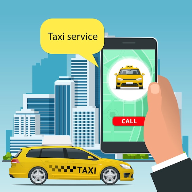 Vektor online-taxi-service-konzept. mann bestellt ein taxi von seinem handy. taxidienstanwendung auf dem bildschirm. vektor-visitenkartenvorlage. flache vektorillustration für geschäft, infographic, fahne