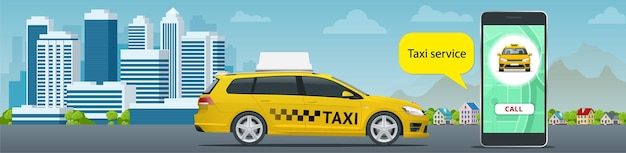 Vektor online-taxi-service-konzept. mann bestellt ein taxi von seinem handy. taxidienstanwendung auf dem bildschirm. vektor-visitenkartenvorlage. flache vektorillustration für geschäft, infographic, fahne