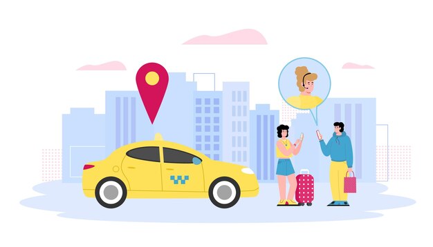 Online-Taxiservice mit Reisenden, die mobile App-Cartoon-Vektorillustration verwenden