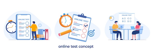 Online-Test und Überprüfung von Antworten, Prüfung, Test, Quiz, flache Vektorillustrationsvorlage