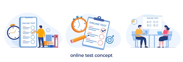 Online-test und überprüfung von antworten, prüfung, test, quiz, flache vektorillustrationsvorlage