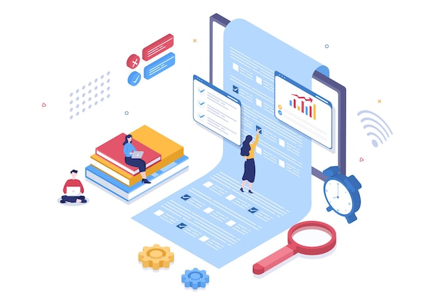 Online-Testing-Hintergrund-Vektor-Illustration mit Checkliste, Prüfung, Auswahl von Antwort, Formular, E-Learning und Bildungskonzept