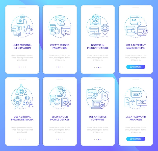 Online-tipps zum speichern der privatsphäre setzen den onboarding-bildschirm der mobilen app-seite