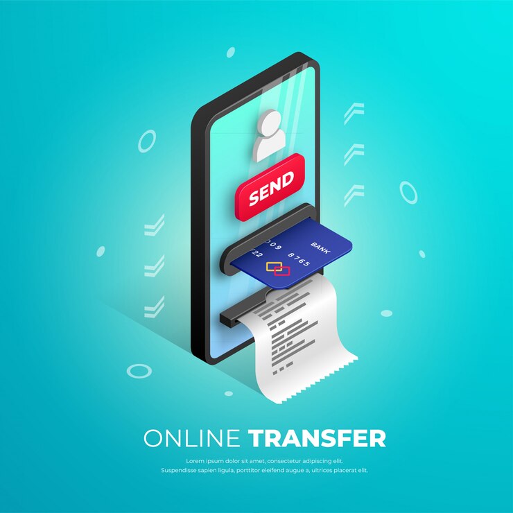 Online Transfer Banner Design. Isometrische Vorlage für mobile Banken mit Smartphone-Geldautomat, Kreditkarte, Benutzersymbol und Schaltfläche. 3D-Konzept der Online-Zahlung, Geldillustration für Web, Apps, Anzeige sendend