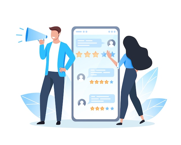 Online-Überprüfung, Personen, die über die mobile App Feedback geben, Bewertungen von Personen auf dem Smartphone-Bildschirm