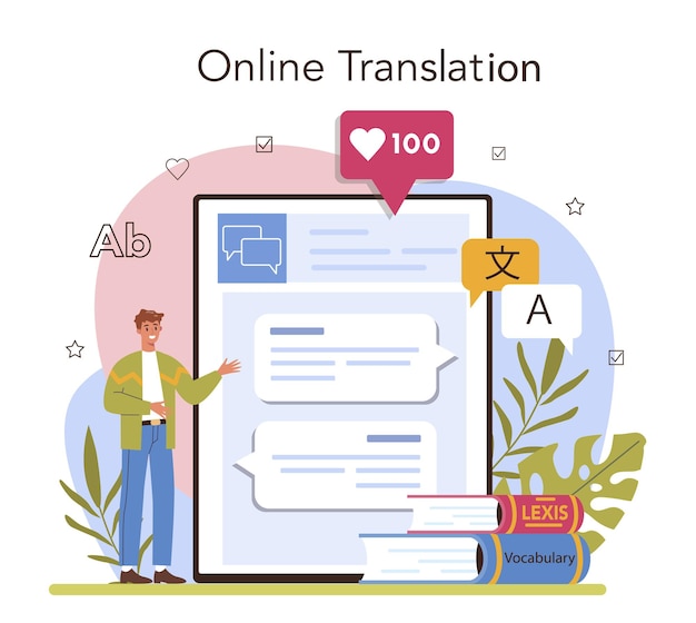 Online-Übersetzer-Dienst oder Plattform-Linguist, der Text übersetzt