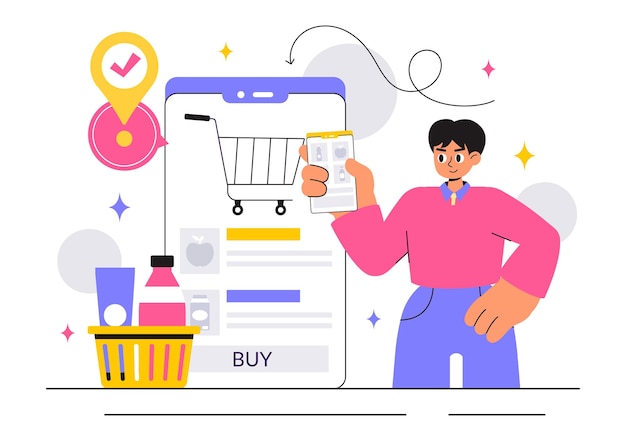 Online-Vektor-Illustration des Lebensmittelgeschäfts mit Regalen mit Lebensmittelprodukten, Regalen mit Milchfrüchten und Getränken für telefonische Einkaufsbestellungen