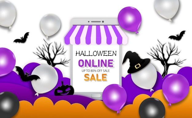 Vektor online-verkäufe für happy halloween gruselkarte im papierschnitt-stil