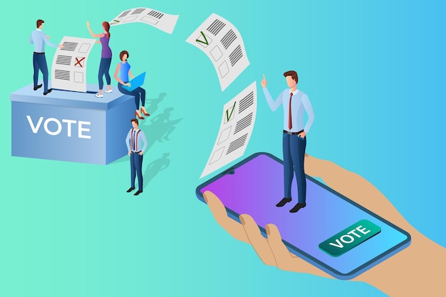 Online-VotingMenschen stimmen mit einer App auf ihrem Smartphone abDas Konzept der elektronischen Stimmabgabe