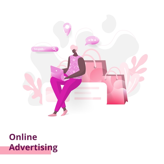 Online-Werbung, das Konzept eines Mannes, der sitzt, während er einen Laptop benutzt