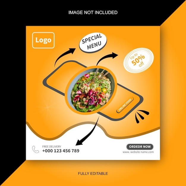 Online-werbung für lebensmittel mithilfe eines mobilen quadratischen banners für social-media-beitragsvorlagen