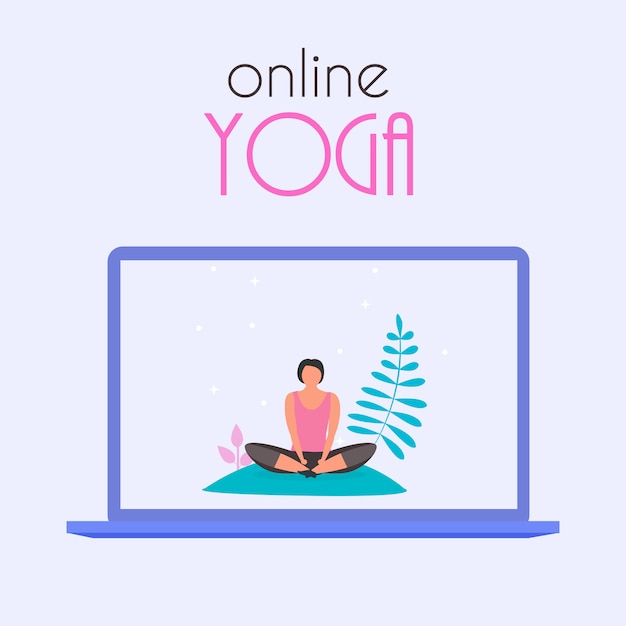 Vektor online yoga konzept mit laptop. illustration